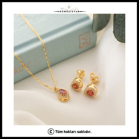 925 Ayar Gümüş Ocak Ayı Doğum Taşı ( Garnet ) Kolye - Küpe Seti