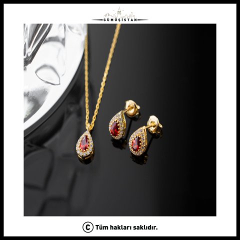 925 Ayar Gümüş Ocak Ayı Doğum Taşı ( Garnet ) Kolye - Küpe Seti