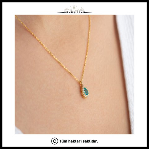 925 Ayar Gümüş Aralık Ayı Doğum Taşı ( Blue Topaz ) Damla Kolye