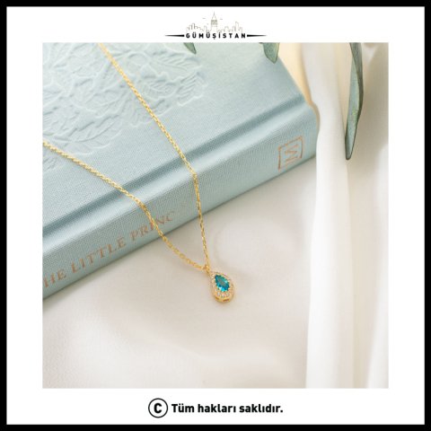 925 Ayar Gümüş Aralık Ayı Doğum Taşı ( Blue Topaz ) Damla Kolye