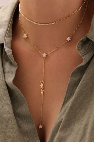 Taşlı Yıldız Figürlü Y Dikey İsim Kolye - 925 Ayar Gümüş