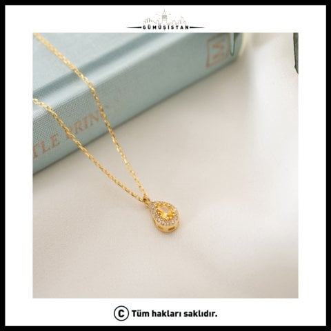 925 Ayar Gümüş Kasım Ayı Doğum Taşı ( Citrine ) Damla Kolye