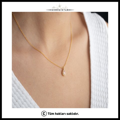 925 Ayar Gümüş Ekim Ayı Doğum Taşı ( Pink Tourmaline ) Damla Kolye