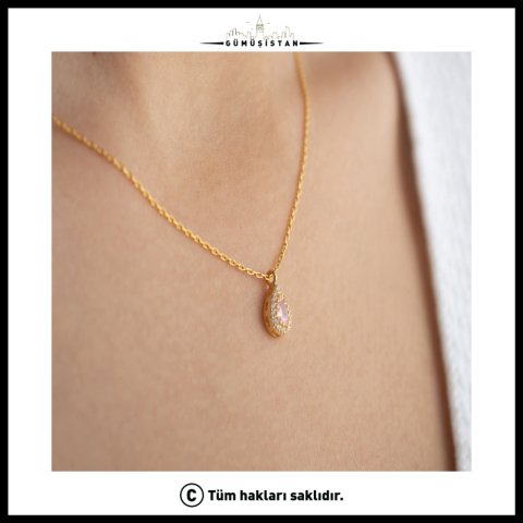 925 Ayar Gümüş Ekim Ayı Doğum Taşı ( Pink Tourmaline ) Damla Kolye