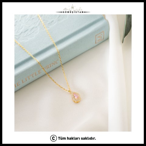 925 Ayar Gümüş Ekim Ayı Doğum Taşı ( Pink Tourmaline ) Damla Kolye