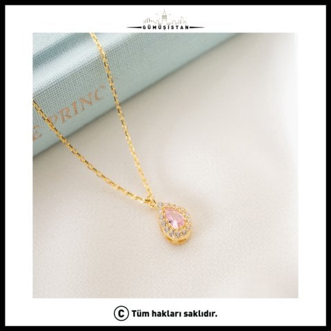 Ekim Ayı Doğum Taşı Kolye – 925 Ayar Gümüş Pembe Turmalin Rengi Taşlı Kolye