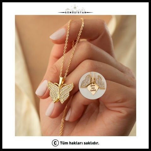 14 Ayar Altın Kaplama Özel Kutulu İsimli Açılan Kelebek Kolye