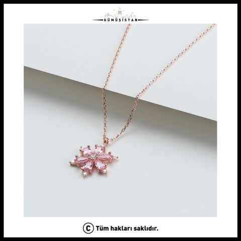 925 Ayar Gümüş Pembe Lotus Çiçeği Kolye