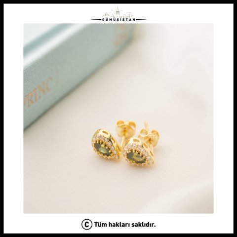 925 Ayar Gümüş Ağustos Ayı Doğum Taşı ( Peridot ) Damla Küpe