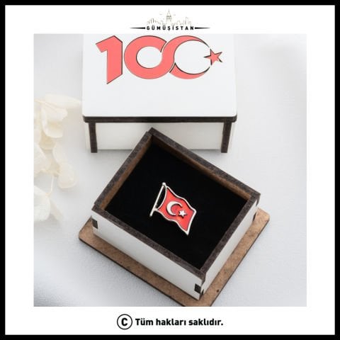 14 Ayar Altın Kaplama Ahşap Kutulu Türk Bayrağı Yaka Rozeti