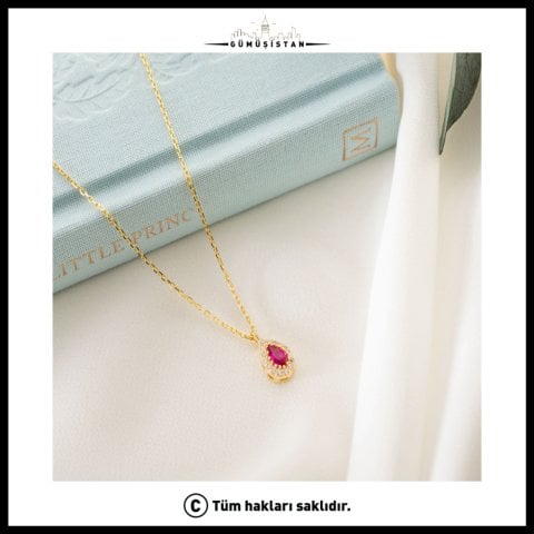 925 Ayar Gümüş Temmuz Ayı Doğum Taşı ( Ruby ) Damla Kolye