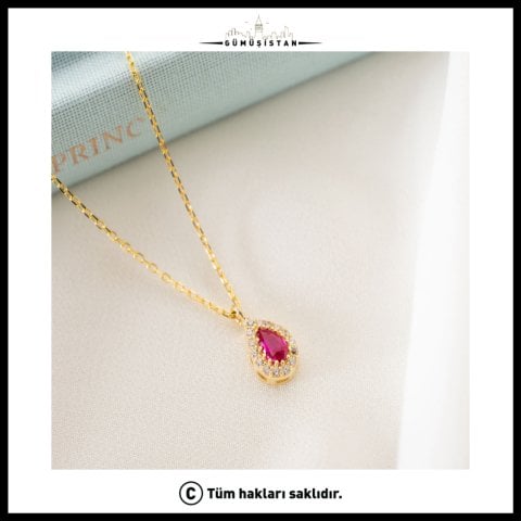 925 Ayar Gümüş Temmuz Ayı Doğum Taşı ( Ruby ) Damla Kolye