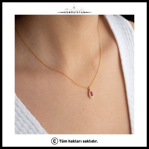 925 Ayar Gümüş Temmuz Ayı Doğum Taşı ( Ruby ) Damla Kolye