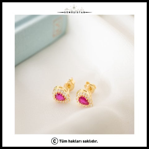 925 Ayar Gümüş Temmuz Ayı Doğum Taşı ( Ruby ) Damla Küpe