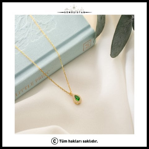 925 Ayar Gümüş Mayıs Ayı Doğum Taşı ( Emerald ) Damla Kolye