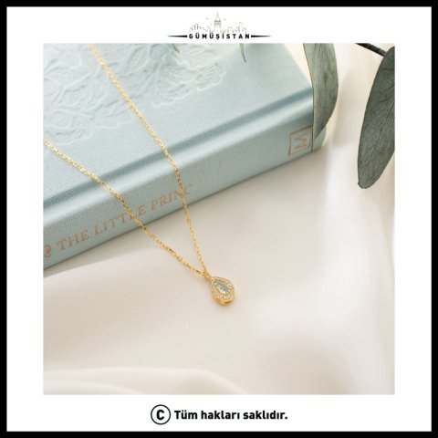 925 Ayar Gümüş Mart Ayı Doğum Taşı ( Aquamarine ) Damla Kolye