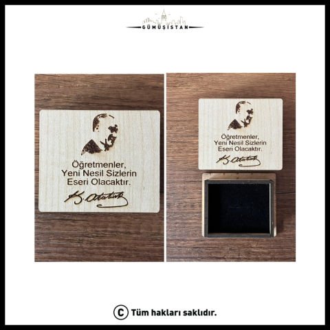 Rhoudium Kaplama Ahşap Kutulu Kişiye Özel Öğretmenler Günü Yaka İğnesi