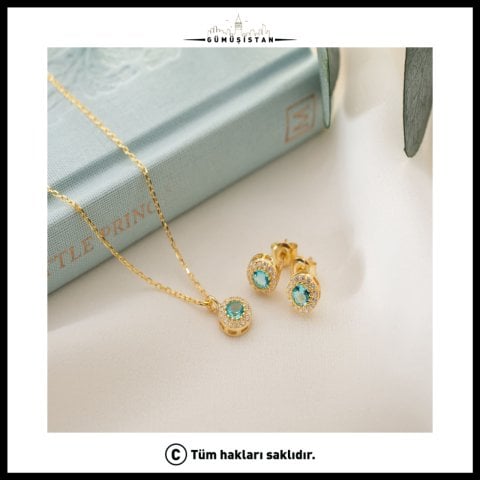 925 Ayar Gümüş Aralık Ayı Doğum Taşı ( Blue Topaz ) Kolye - Küpe Seti
