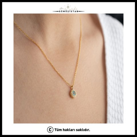 925 Ayar Gümüş Aralık Ayı Doğum Taşı ( Blue Topaz ) Kolye - Küpe Seti