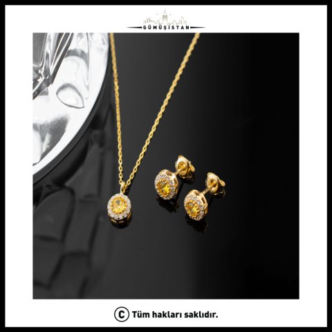 925 Ayar Gümüş Kasım Ayı Doğum Taşı ( Citrine ) Kolye - Küpe Seti