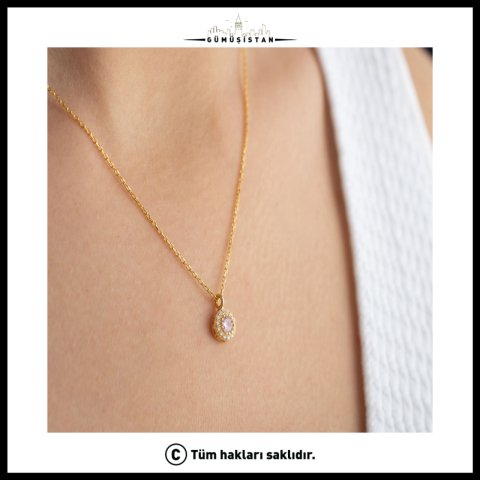 925 Ayar Gümüş Ekim Ayı Doğum Taşı ( Pink Tourmaline ) Kolye - Küpe Seti
