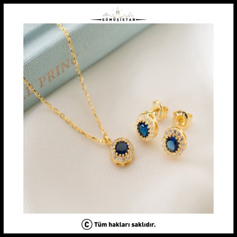 925 Ayar Gümüş Eylül Doğum Taşı Takı Seti – Safir Renkli Kolye ve Küpe Seti