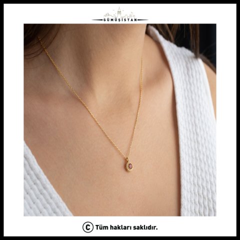 925 Ayar Gümüş Ocak Ayı Doğum Taşı ( Garnet ) Kolye
