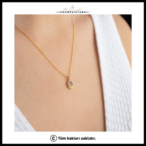 925 Ayar Gümüş Şubat Ayı Doğum Taşı ( Ametist ) Kolye