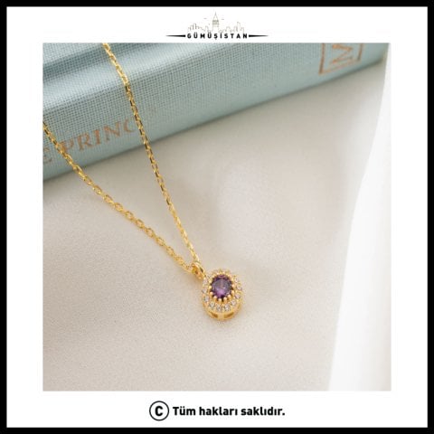 Şubat Ayı Doğum Taşı Kolye – Ametist Taşlı Gold Kolye | Şubat Doğum Günü Hediyesi