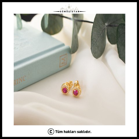 925 Ayar Gümüş Temmuz Ayı Doğum Taşı ( Ruby ) Küpe
