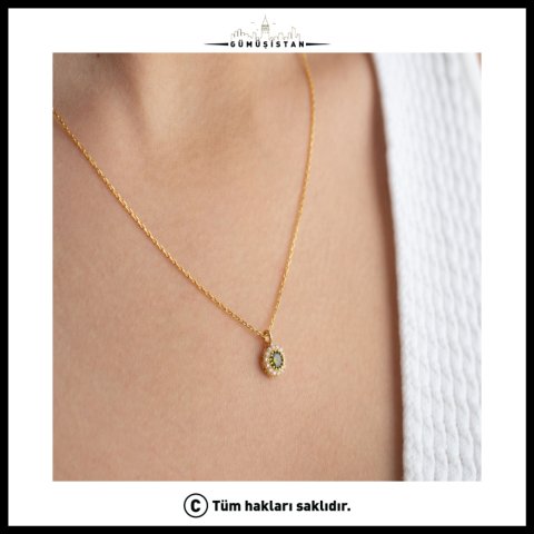 925 Ayar Gümüş Ağustos Ayı Doğum Taşı ( Peridot ) Kolye