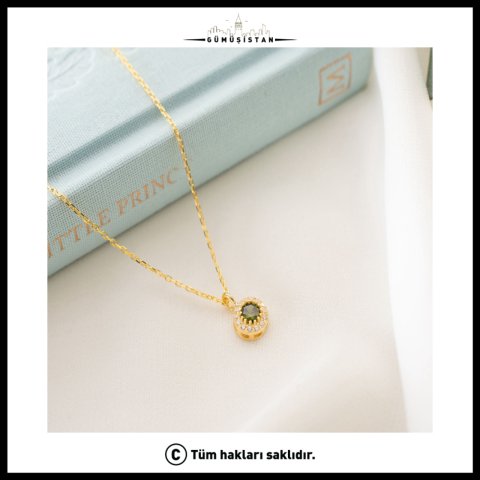 925 Ayar Gümüş Ağustos Ayı Doğum Taşı ( Peridot ) Kolye