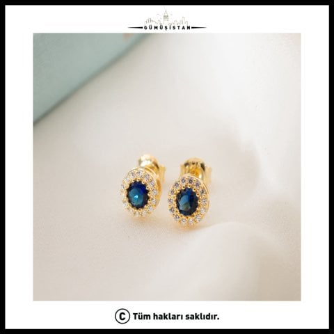 925 Ayar Gümüş Eylül Ayı Doğum Taşı ( Sapphire ) Küpe