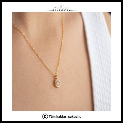 925 Ayar Gümüş Ekim Ayı Doğum Taşı ( Pink Tourmaline ) Kolye