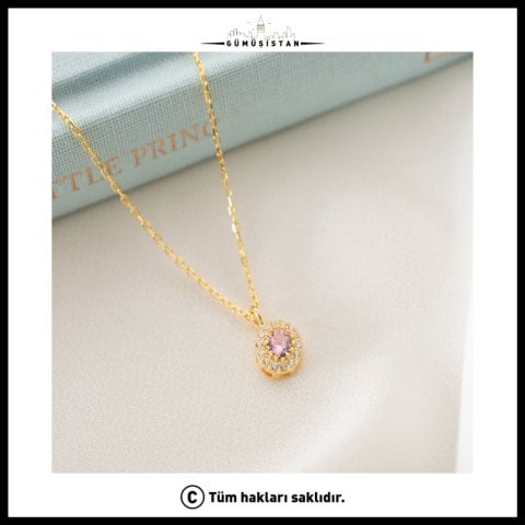 925 Ayar Gümüş Ekim Ayı Doğum Taşı ( Pink Tourmaline ) Kolye