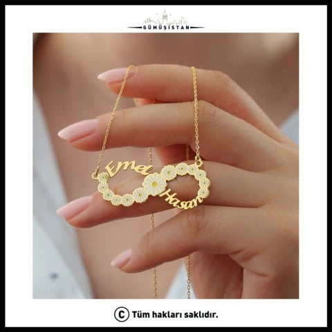 925 Ayar Gümüş İsimli Papatyalı Sonsuzluk Kolye