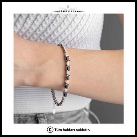 925 Ayar Gümüş Siyah Taşlı Özel Tasarım Bileklik