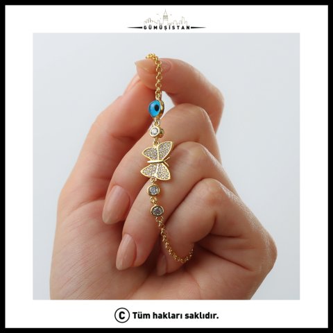 Nazar Boncuklu Kelebek Bileklik – Zirkon Taşlı 925 Ayar Gümüş Kadın Bileklik