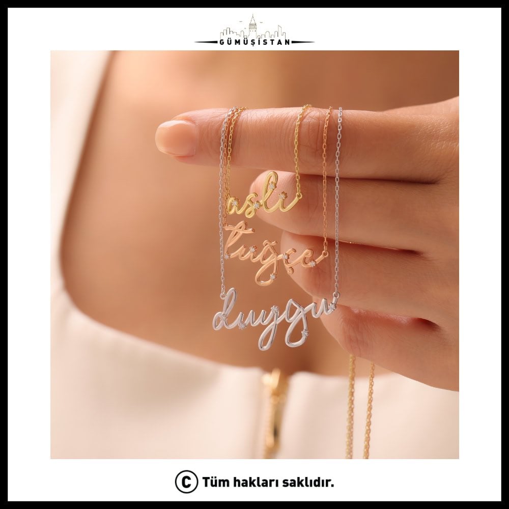 925 Ayar Gümüş Zirkon Taşlı İmza İsimli Kolye