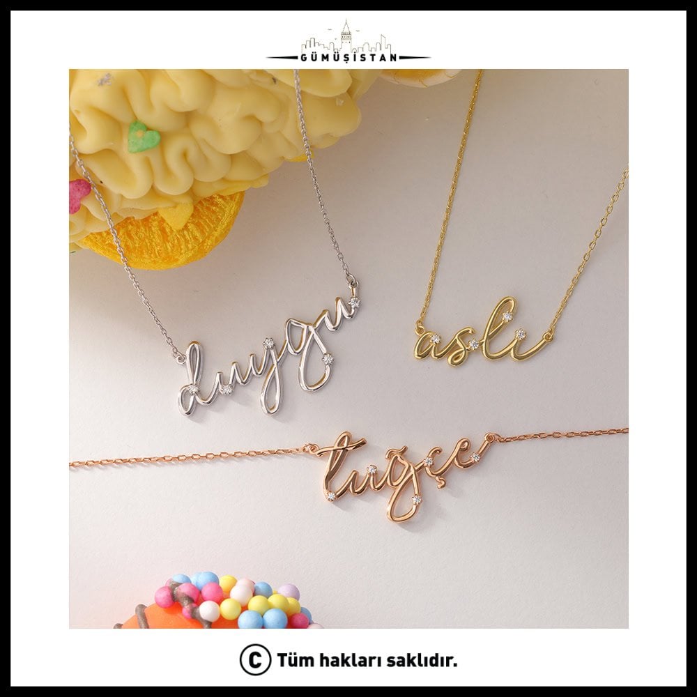 925 Ayar Gümüş Zirkon Taşlı İmza İsimli Kolye