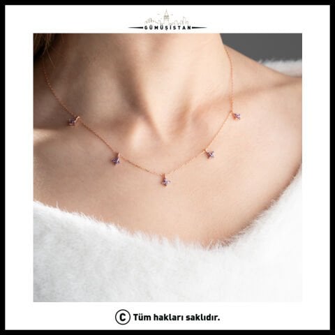 925 Ayar Gümüş Dört Yapraklı Mor Çiçek Kolye