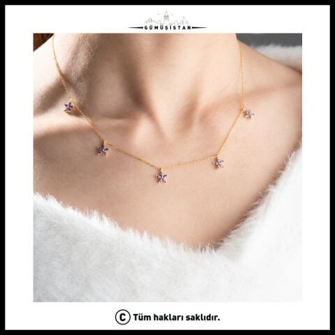 925 Ayar Gümüş Mor Taşlı Çiçek Kolye