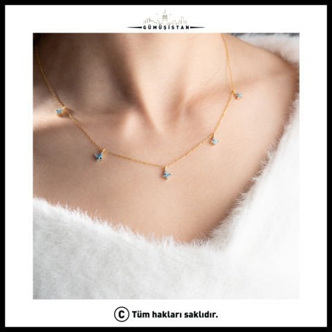 925 Ayar Gümüş Mavi Taş Yonca Kolye