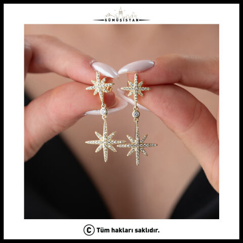 Kutup Yıldızı Zirkon Taşlı Sallantılı 925 Ayar Gümüş Kadın Küpe