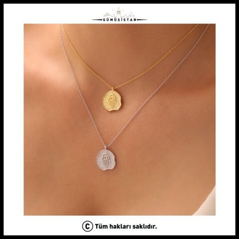 925 Ayar Gümüş Fatmanın Eli Kabartma Plaka Kolye