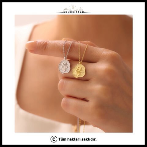 925 Ayar Gümüş Fatmanın Eli Kabartma Plaka Kolye