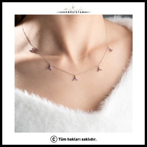 925 Ayar Gümüş Mor Taşlı Üç Yapraklı Kolye