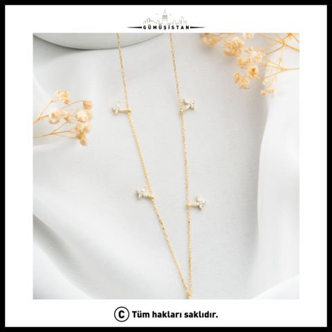 925 Ayar Gümüş Beyaz Taş Detaylı Dört Yaprak Kolye