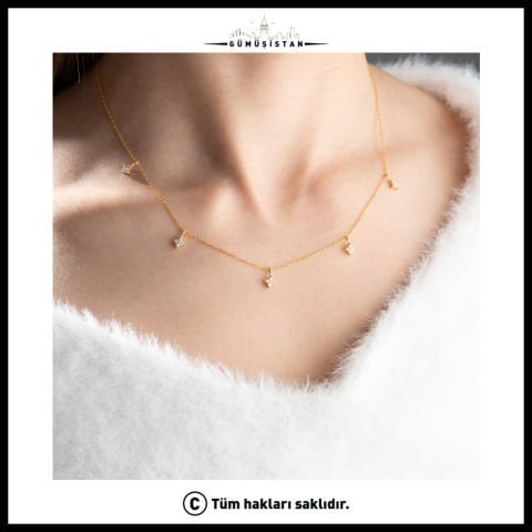 925 Ayar Gümüş Beyaz Taş Detaylı Dört Yaprak Kolye