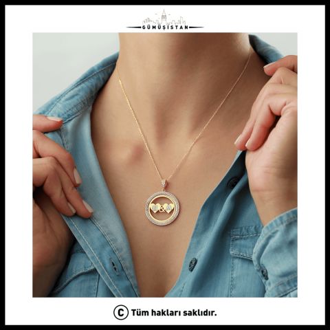 925 Ayar Gümüş Kalpli Taşlı Halka Kolye